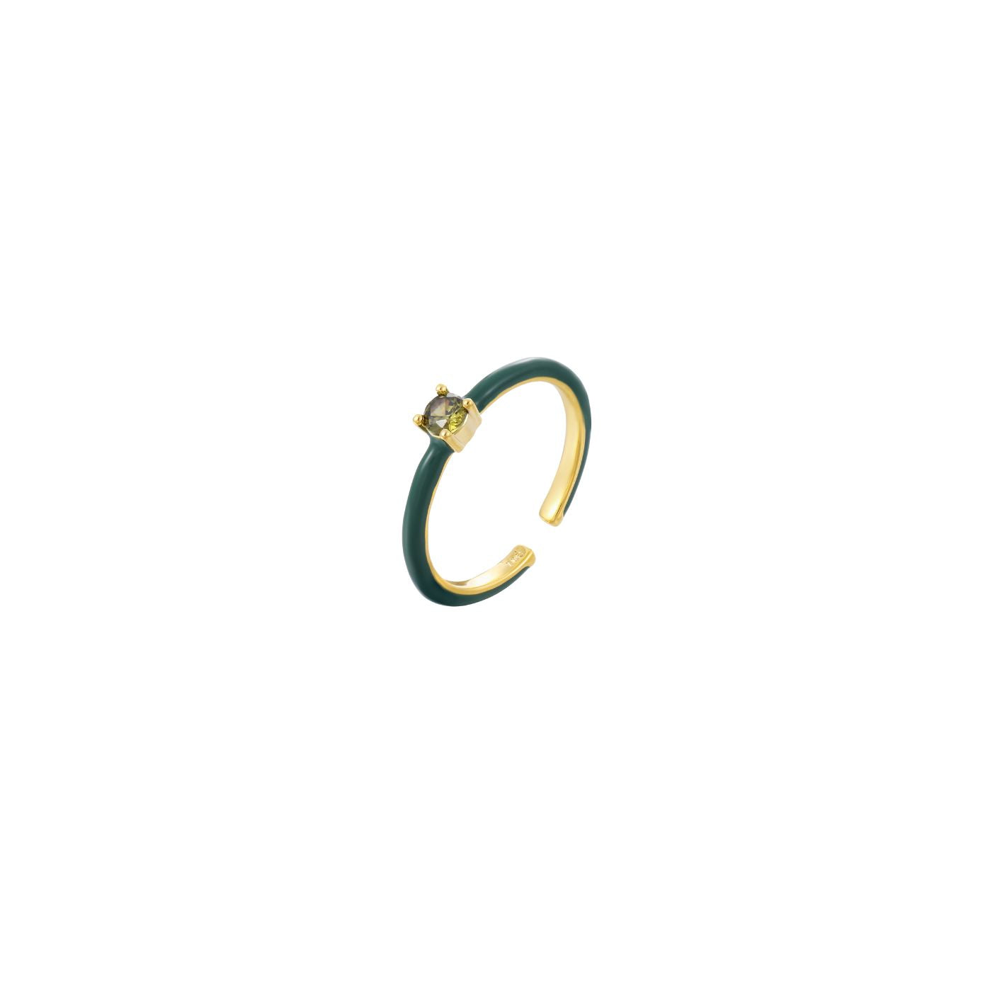 Dainty gold open adjustable ring with a green enamel band and a green cubic zirconia, 18k gold plating.