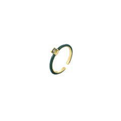 Dainty gold open adjustable ring with a green enamel band and a green cubic zirconia, 18k gold plating.