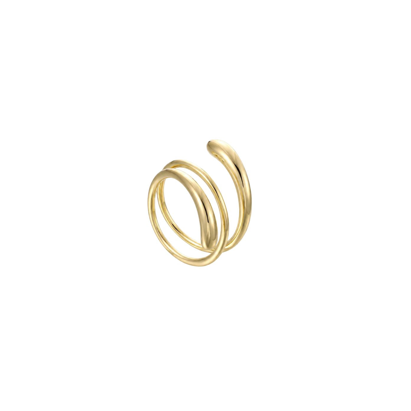 Gold sculptural coil wrap ring, open and adjustable, high-polish finish, 18k gold plating.